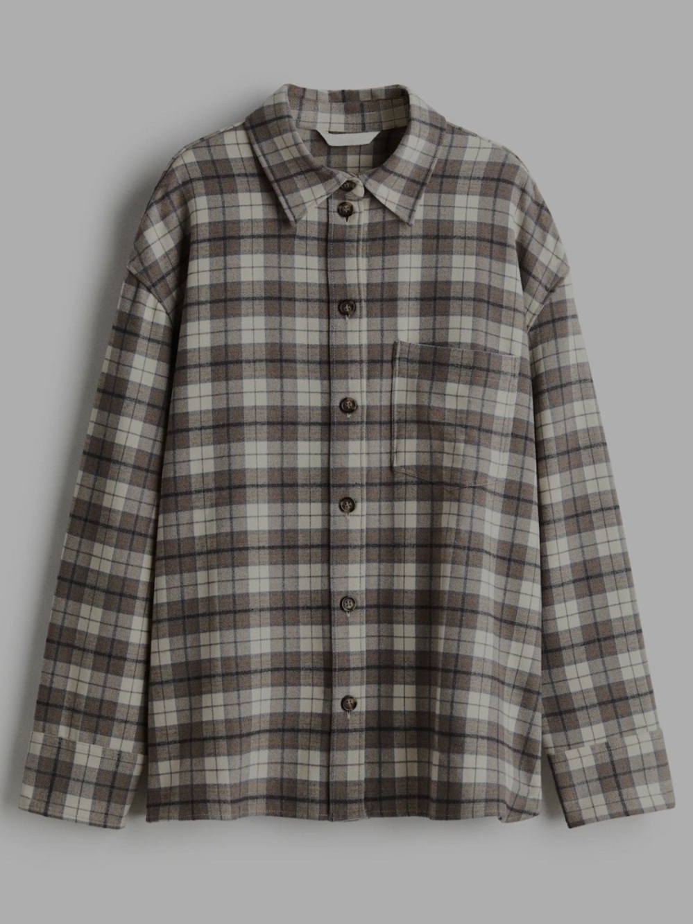 Plaid Button-Up Shacket in Beige Brown and Grey